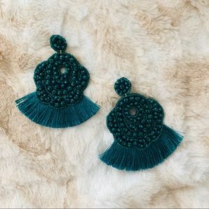 Dark teal fringe beaded earrings